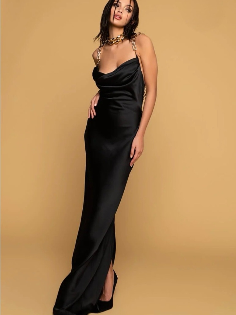 BHLDN Black Satin Maxi Gown Gold Chain Straps Size 12 MSRP $268